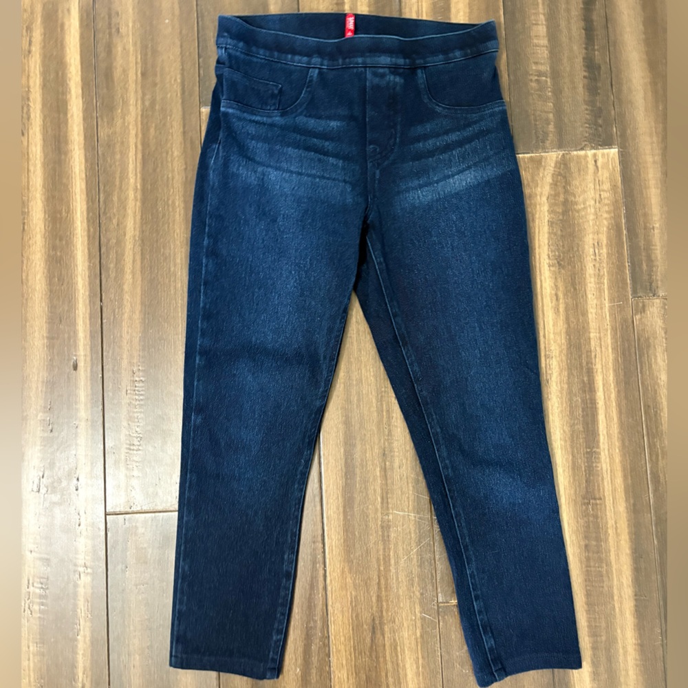 SPANX Sz S Blue Denim Jeggings High Rise Elastic Waist Skinny Fit Faux Pockets